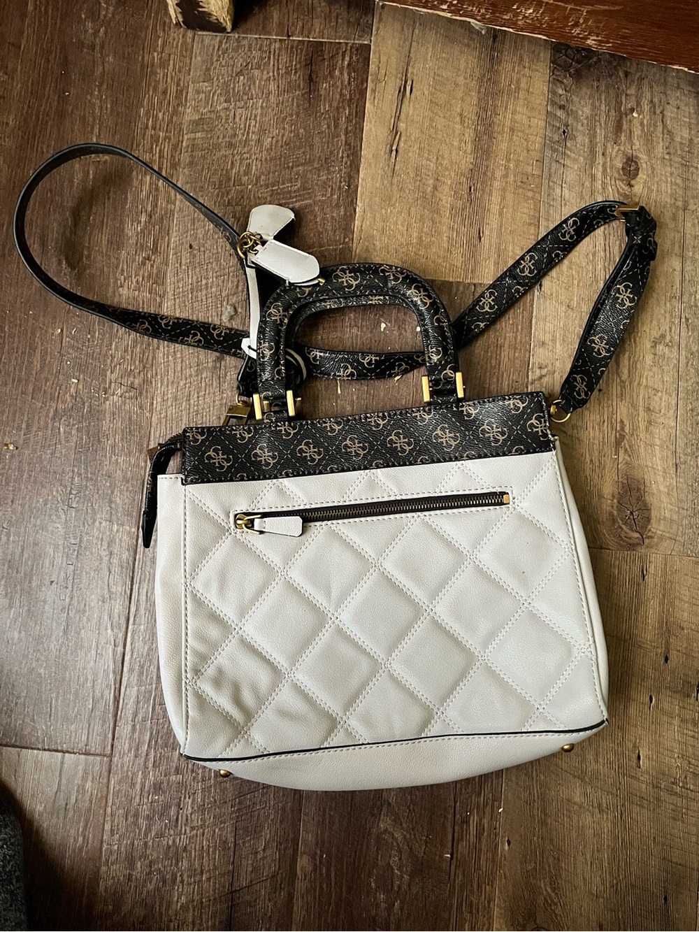 GUESS White Quilted Satchel with Black Logo Trim and Gold Hardware - Picture 2 of 3